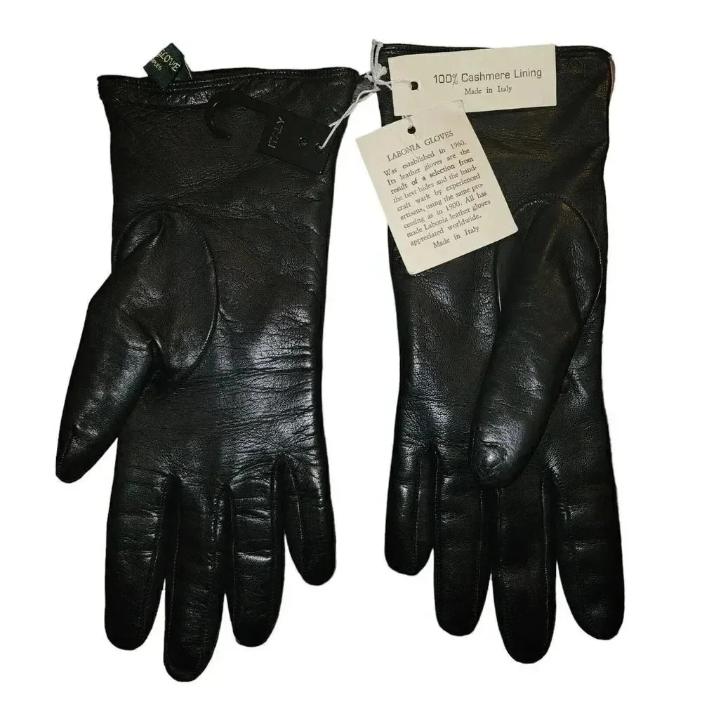 NWT Labonia Women Black Genuine Leather 100% Cashmere Lining Winter Glove Size 7